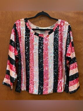 Oleg Cassini striped blouse black, hot pink, blush pink sequins & silk medium